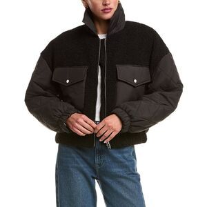 Lamarque Womens Peyton Mixed Media Bomber Jacket, Black